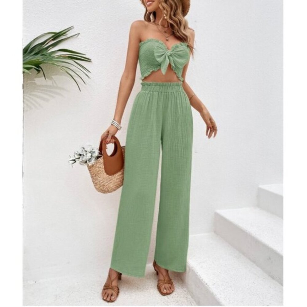 Green  Tie Front Tube Top  & Wide Leg Pants